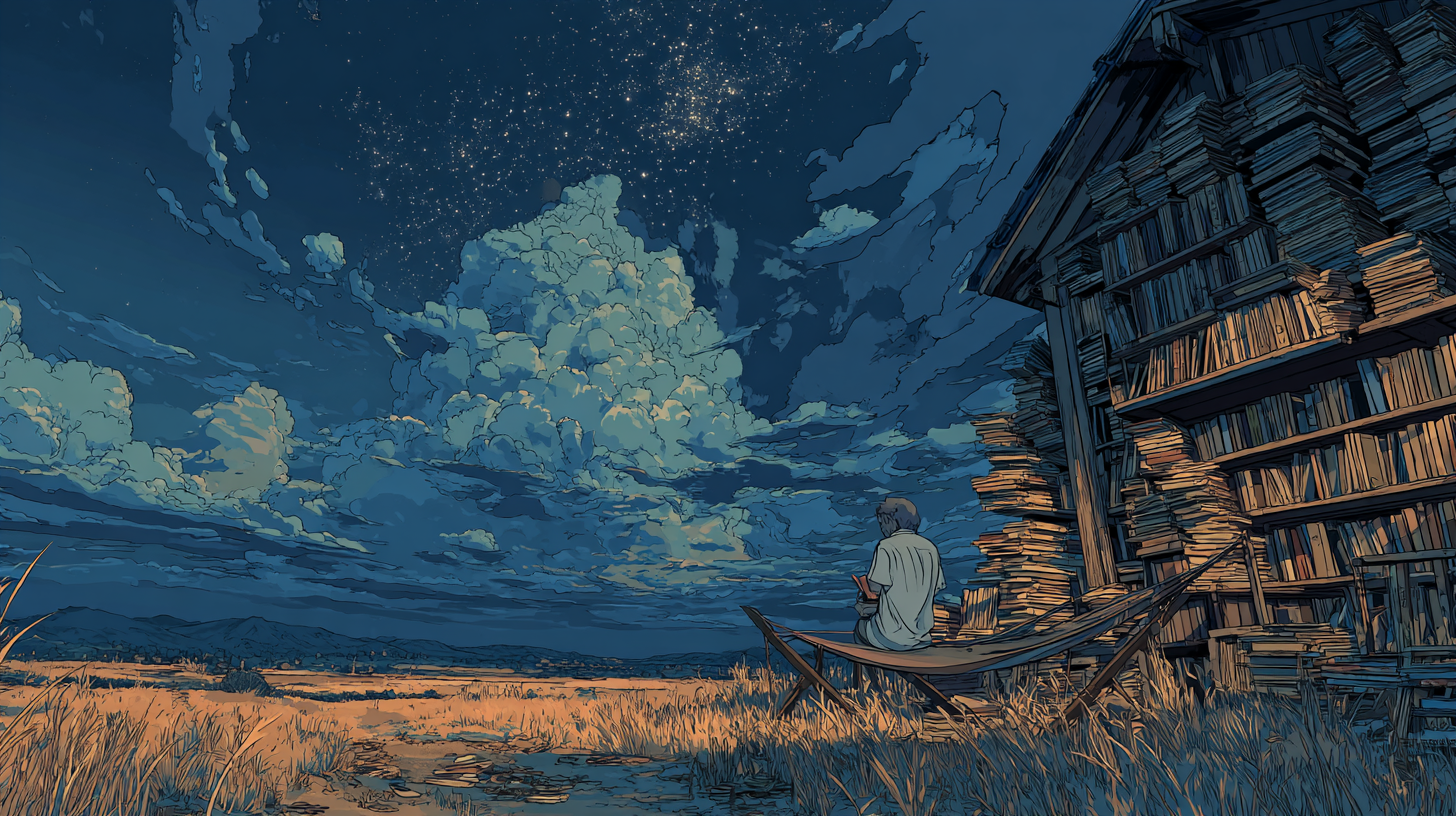A person sits in a hammock beside a tall bookshelf under a starry night sky, overlooking a golden field and dramatic clouds.