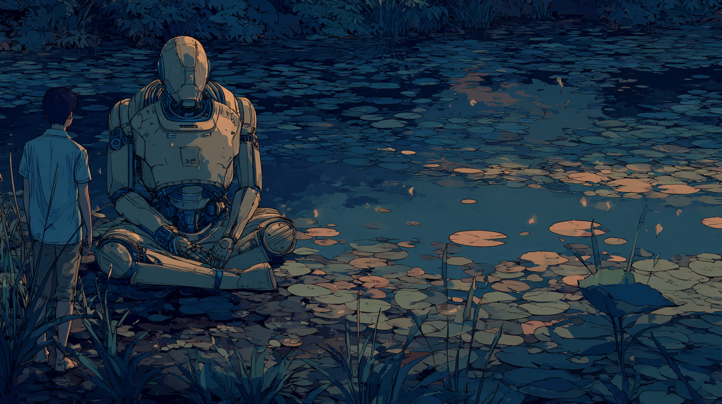 Boy and humanoid robot sitting quietly by a lily-covered pond at dusk.