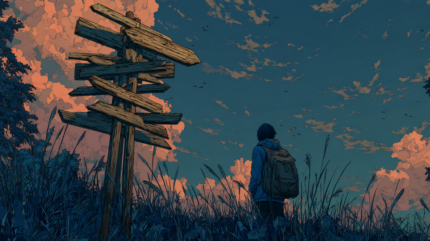 A traveler with a backpack stands in tall grass at dusk, looking toward a weathered wooden signpost under a dramatic blue and orange sky.