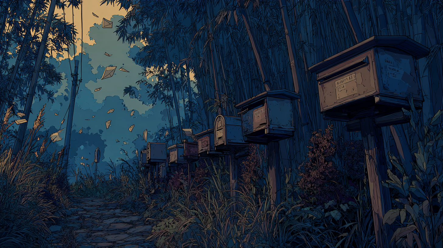 Mailboxes lined along a forest path with letters flying through the air.