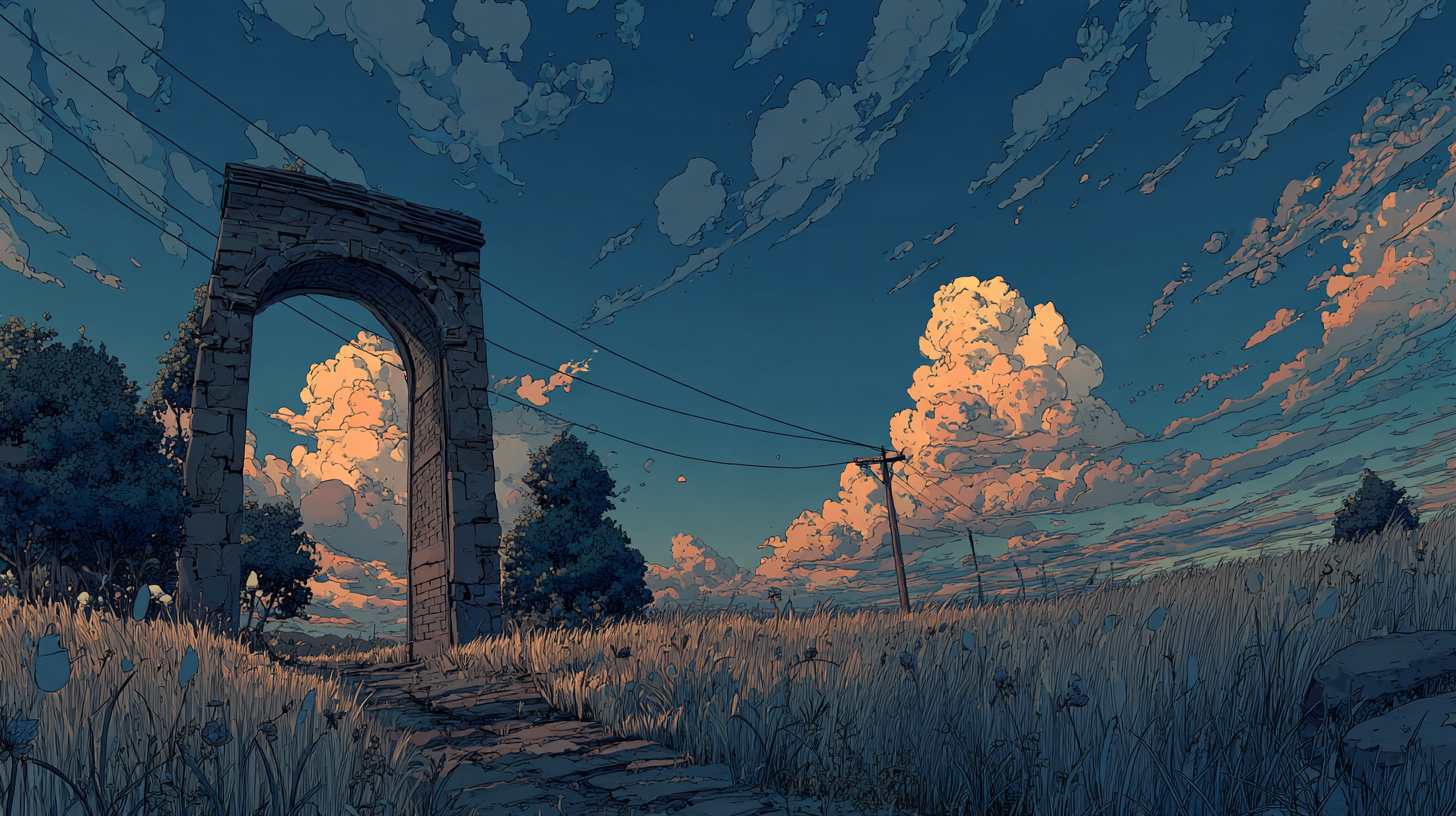 Stone doorway in a grassy field under a dramatic blue sky with glowing sunset clouds.