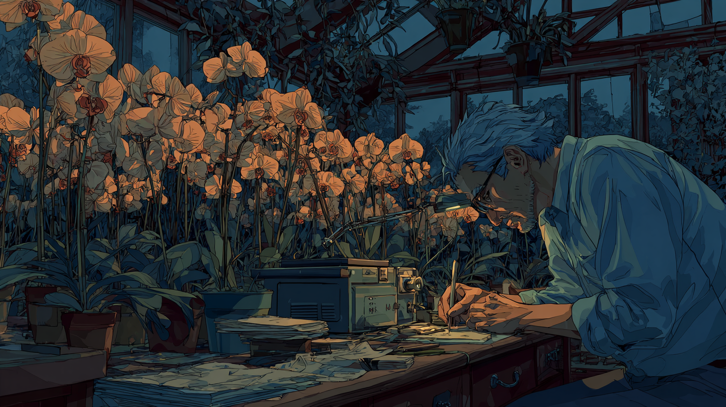 Illustration of a support specialist working at a desk in a greenhouse, representing careful customer service analysis and issue resolution.