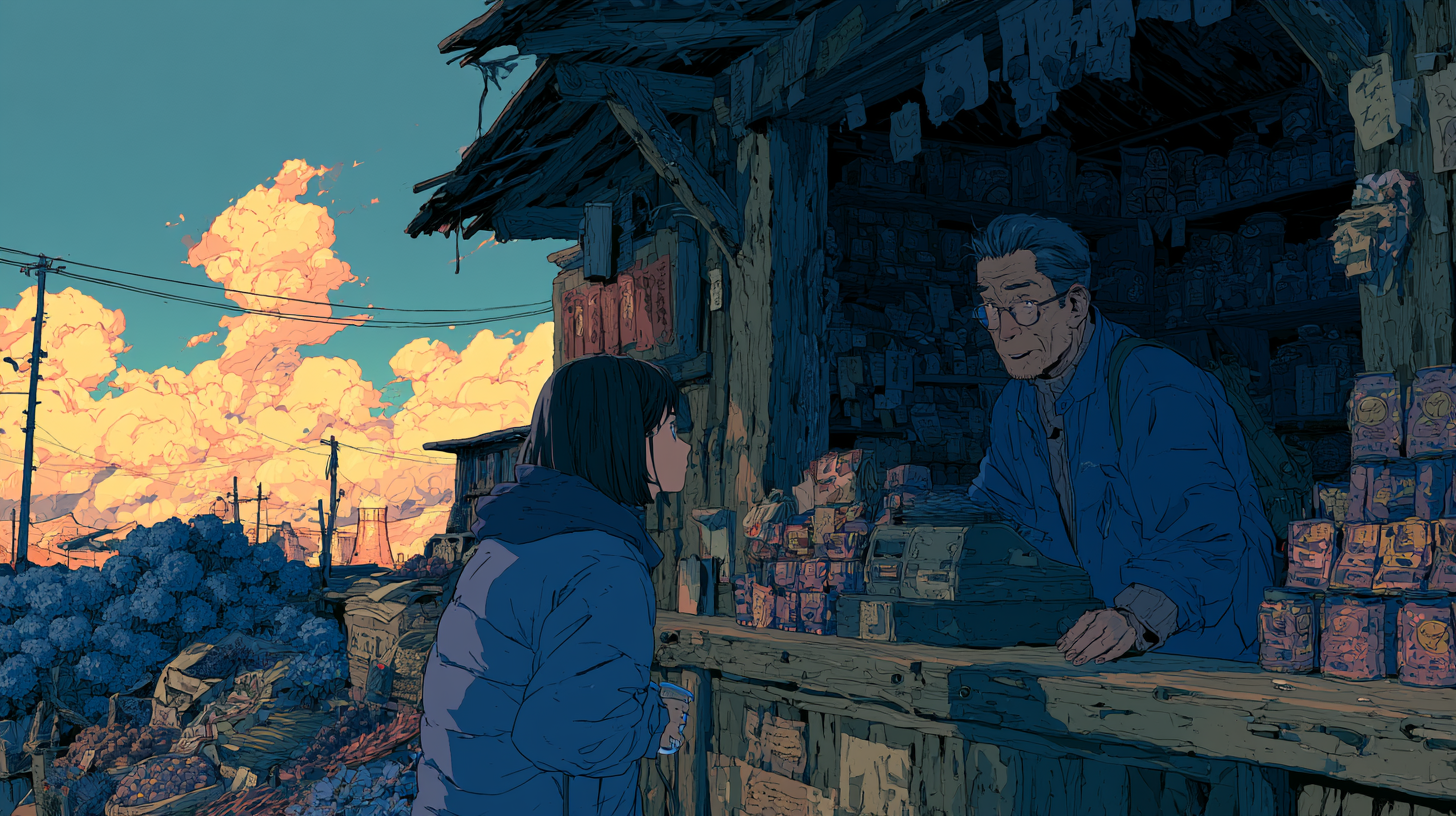 Anime-style ecommerce store owner helping a customer at a small shop counter, used as a feature image for ecommerce live chat software.