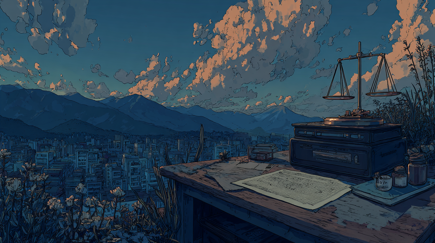 Illustration of a desk with documents and scales overlooking a city, representing fintech customer service, compliance, and trust.