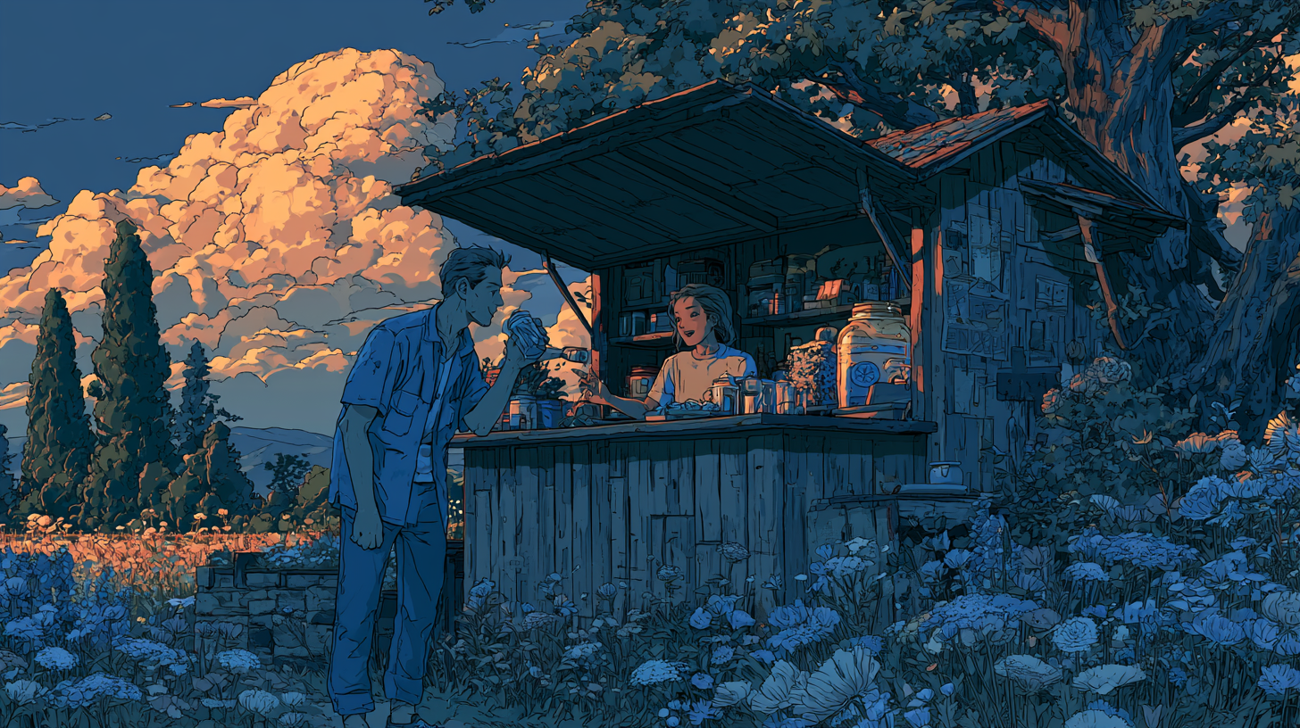 Illustration of two people chatting at a small garden kiosk at sunset.