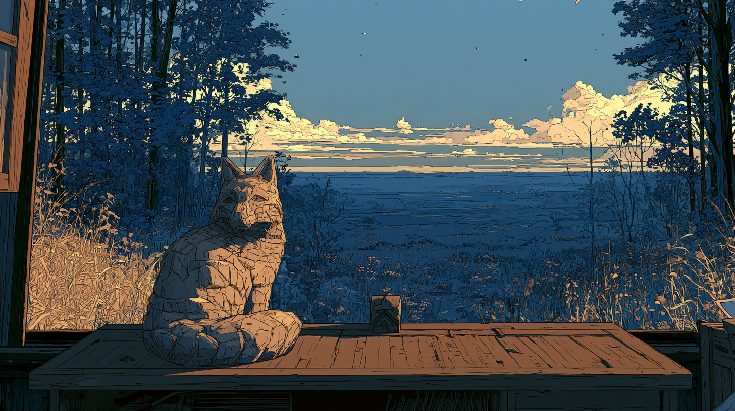 Anime-style illustration of a stone cat statue on a wooden porch overlooking a quiet forest landscape at sunset.