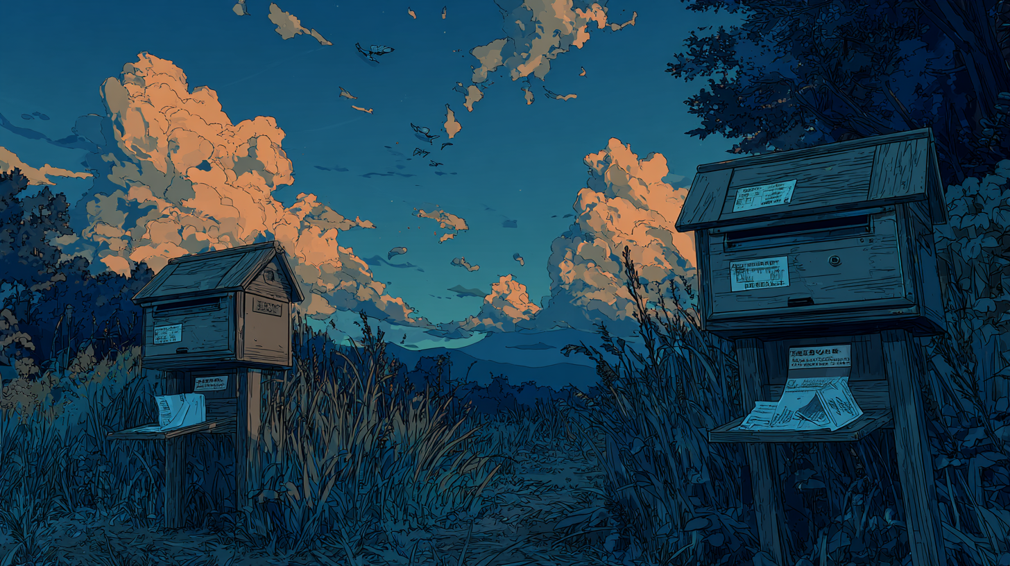 Illustration of two support mailboxes in a field at dusk for a Freshdesk vs Help Scout comparison