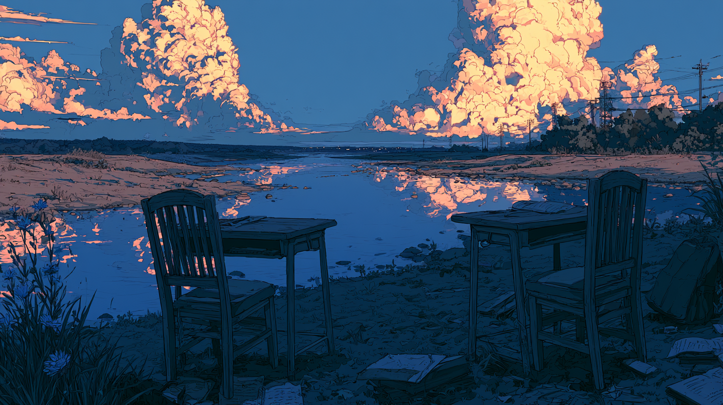 Anime-style illustration of two chairs and small tables by a calm lakeshore at sunset, with glowing clouds reflected in the water.