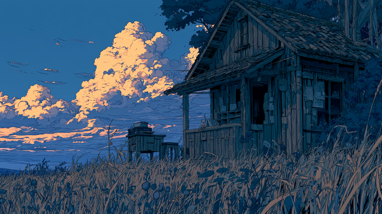 Anime-style illustration of an old wooden house in tall grass at sunset, with glowing clouds and a blue evening sky in the background.