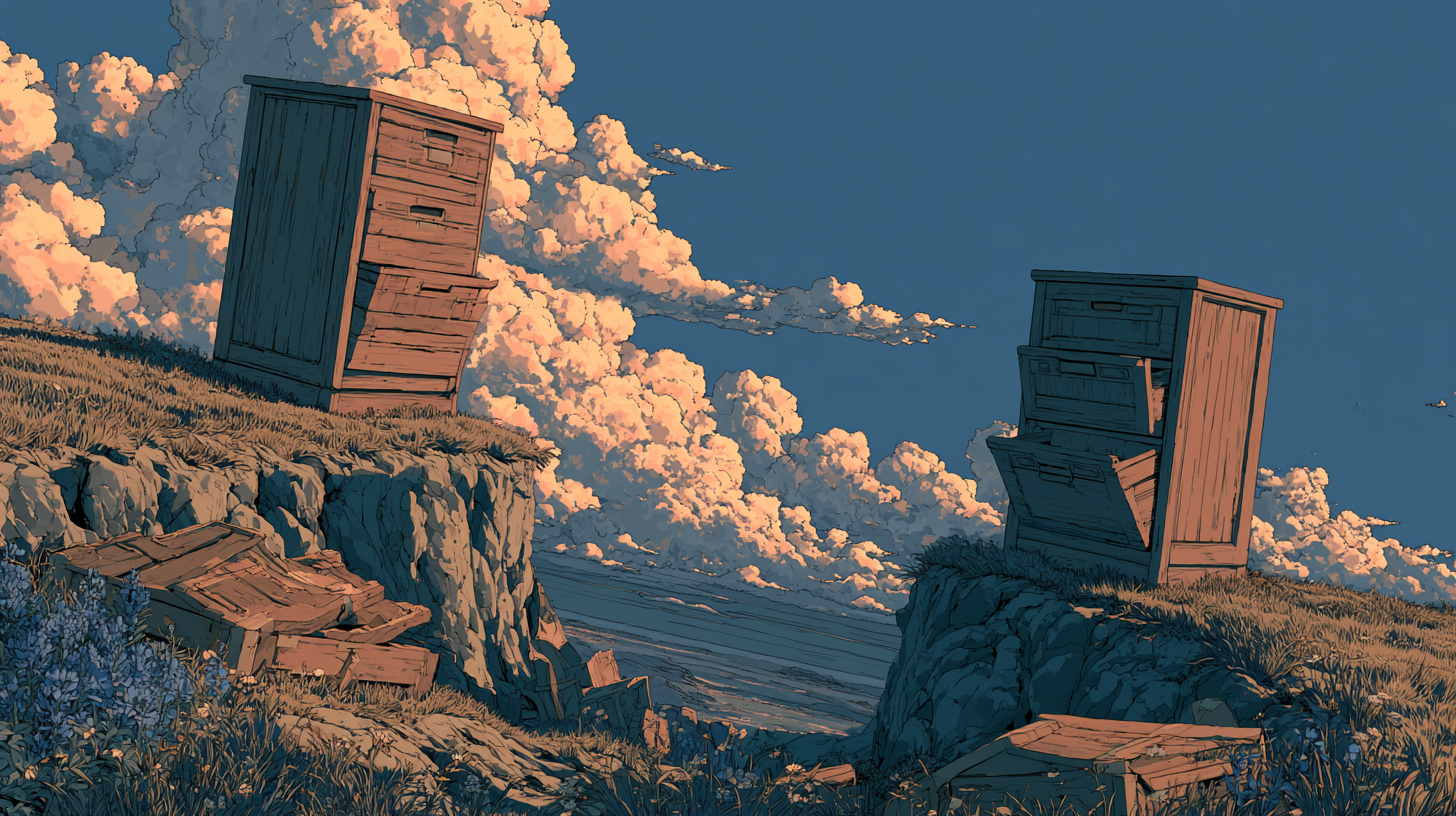 Illustration of two wooden cabinets standing on separate rocky cliffs above the ocean, surrounded by dramatic orange clouds at sunset.