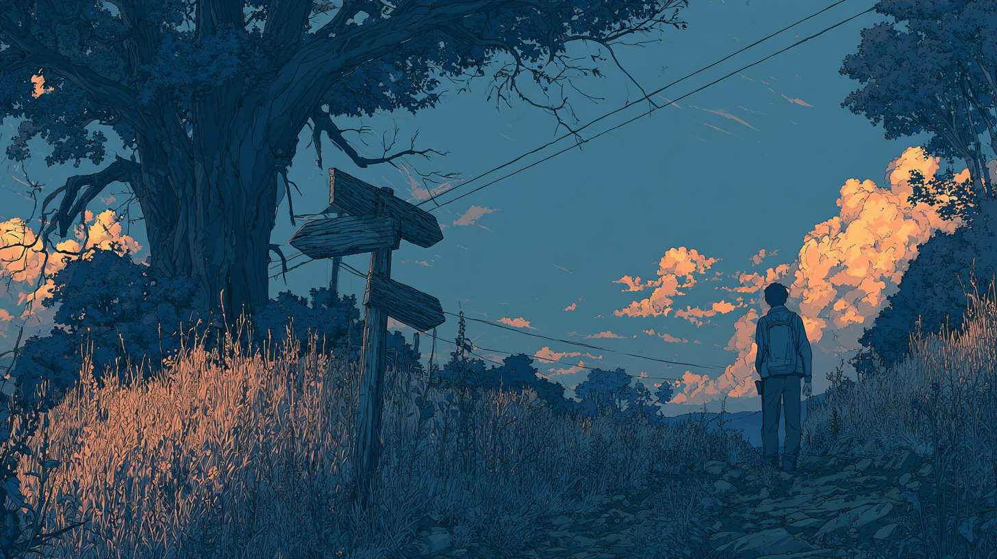 Anime-style illustration of a person walking along a rural path at sunset, with tall grass, trees, signposts, and glowing clouds in the background.
