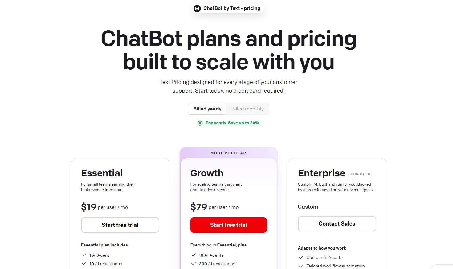 ChatBot's pricing page