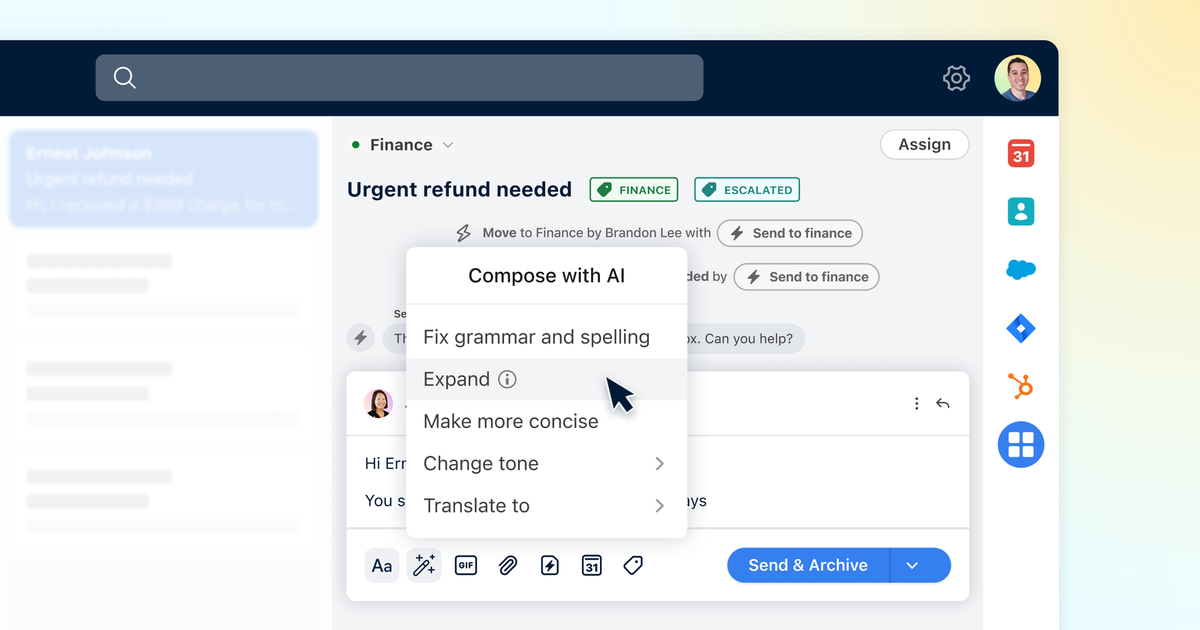 Screenshot of an AI writing menu inside a shared inbox composer, showing options like fixing grammar, expanding text, and changing tone.