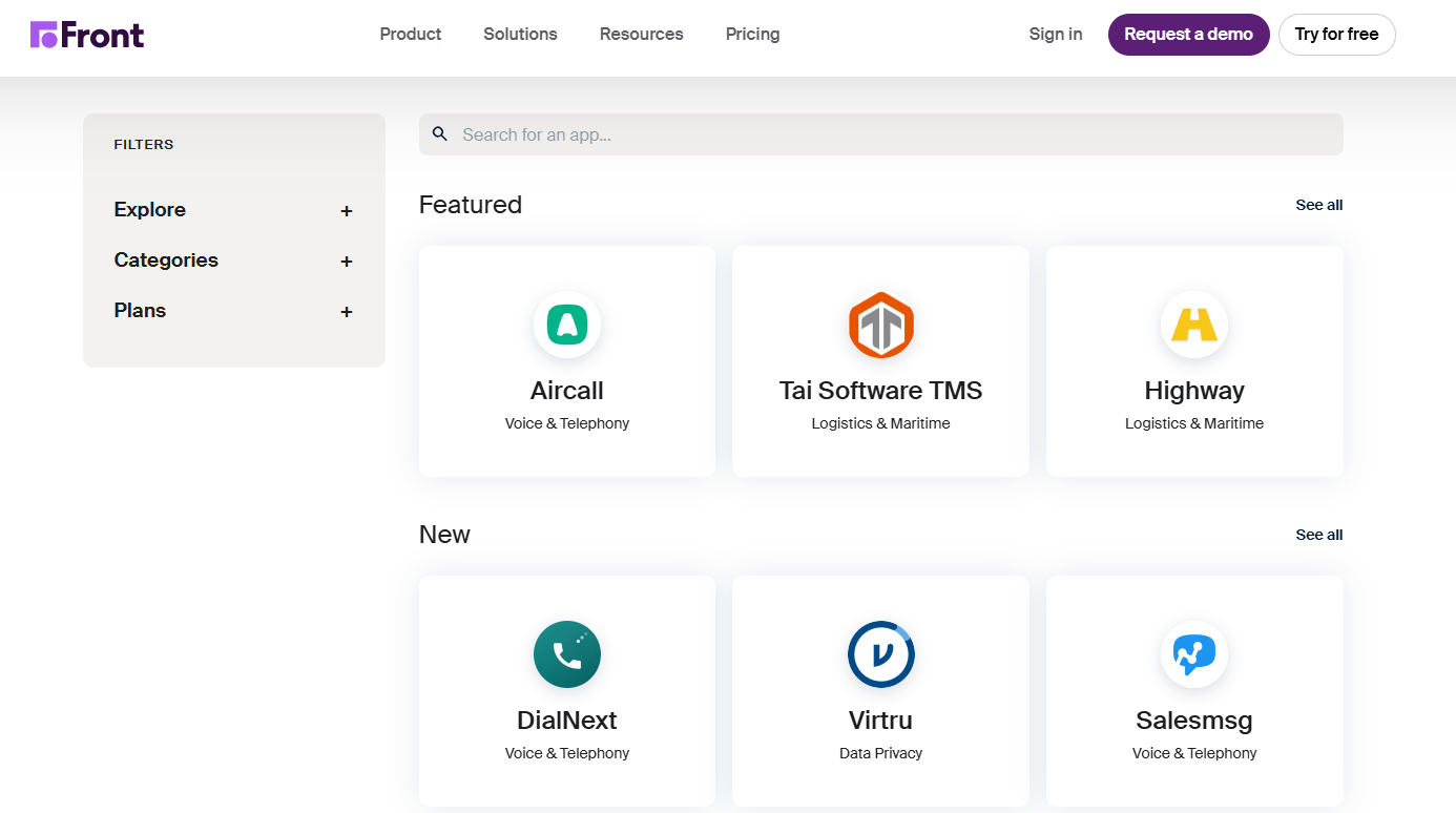 Screenshot of Front’s integrations marketplace showing featured and new apps like Aircall, Tai Software TMS, Highway, DialNext, Virtru, and Salesmsg.