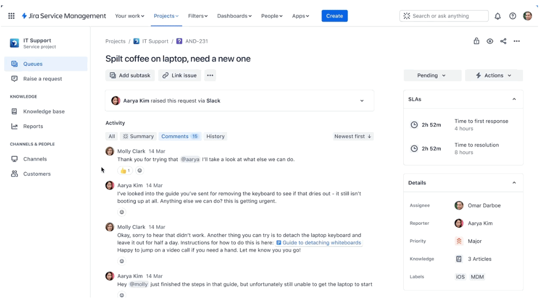 Screenshot of a Jira Service Management ticket showing a support request conversation, activity comments, SLA details, and ticket metadata.