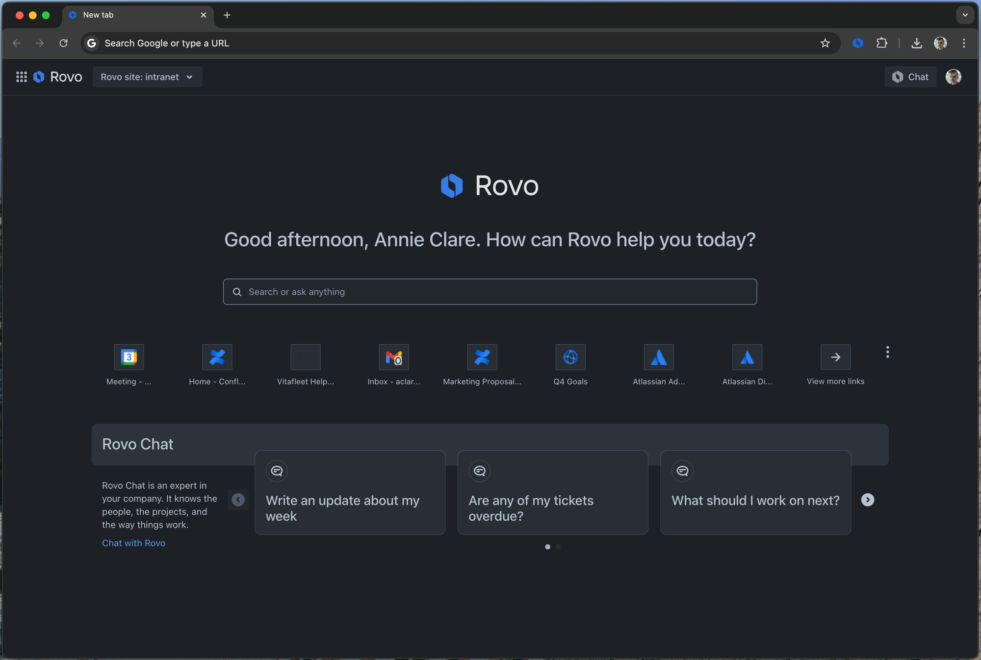 Screenshot of Rovo Chat on a dark Atlassian start page with suggested prompts for asking questions and getting work updates.