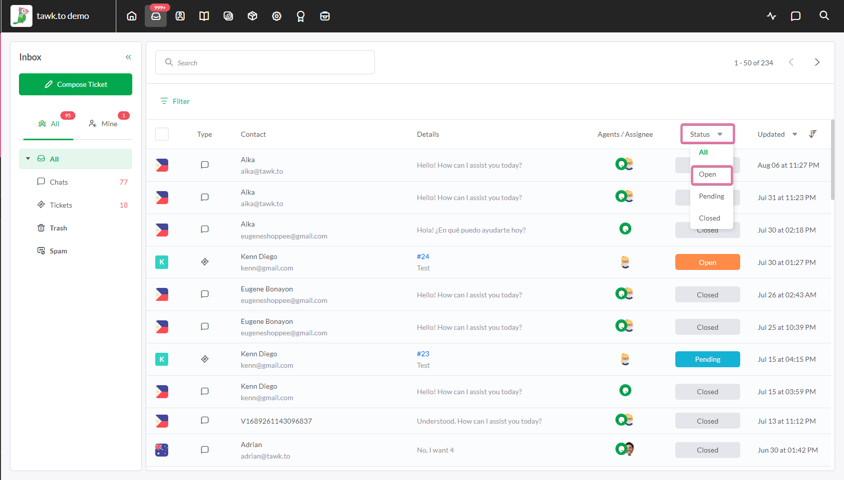Tawk.to's ticketing dashboard