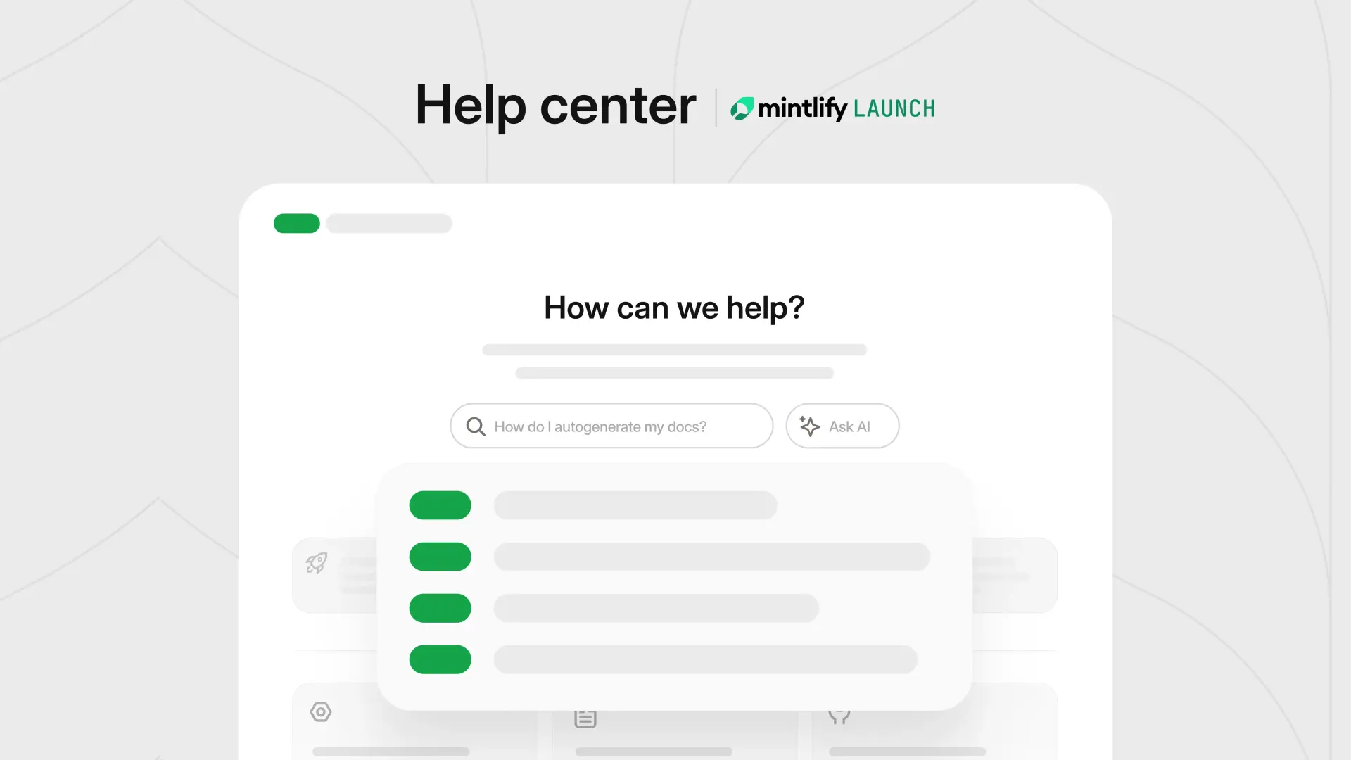 Help center UI mockup with Mintlify Launch branding, a search bar, AI button, and article list.