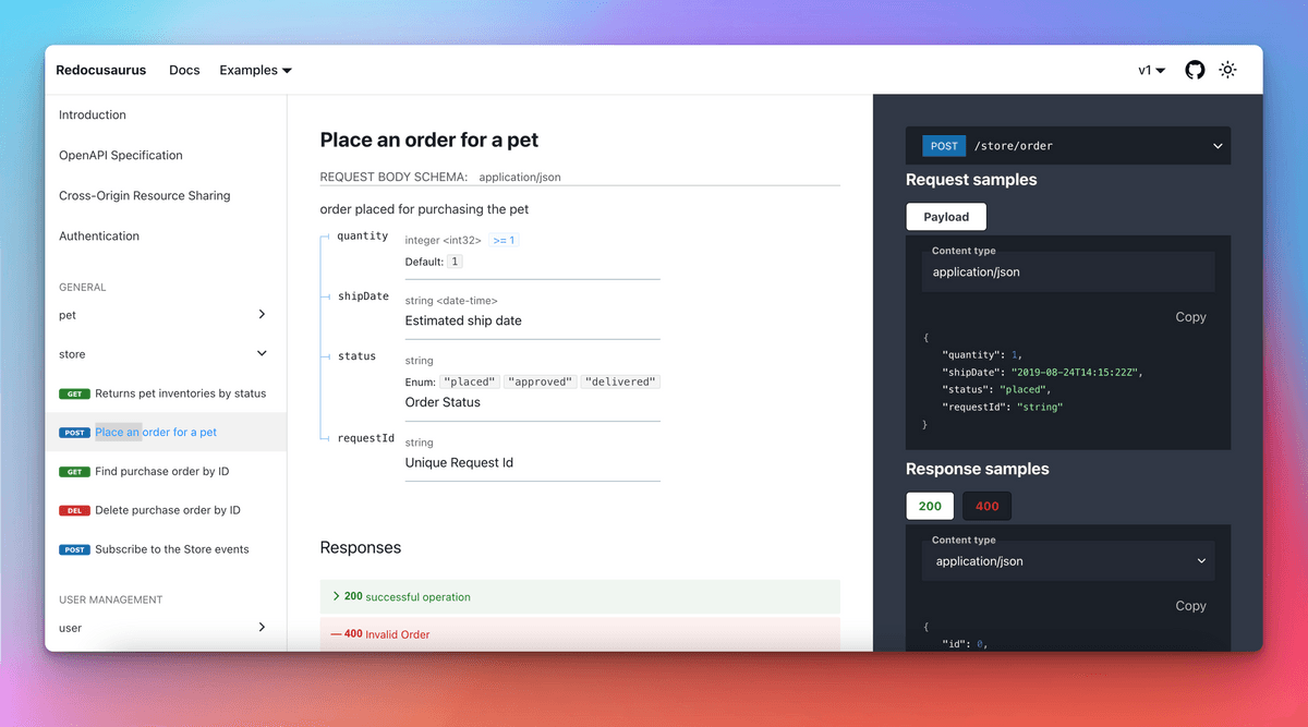 API documentation UI showing an endpoint, request samples, and response examples on a colorful gradient background.