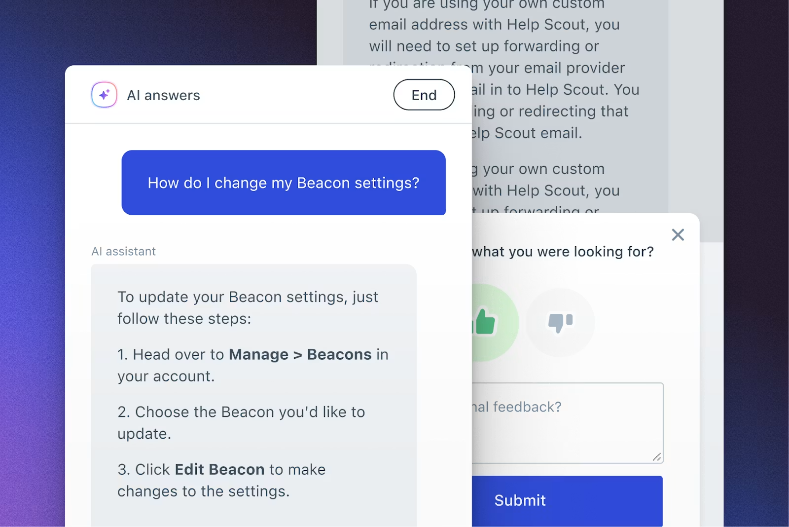 Help Scout AI answers panel responding to a Beacon settings question.