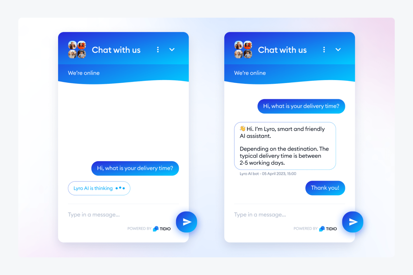 Tidio Lyro chatbot answering a customer delivery time question.