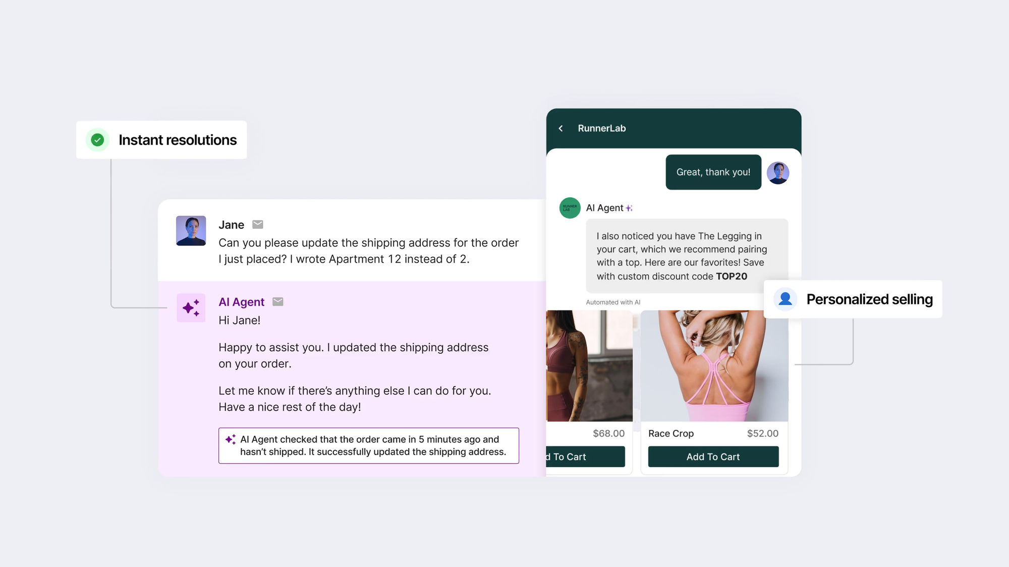 Gorgias AI agent helping with an ecommerce support request.