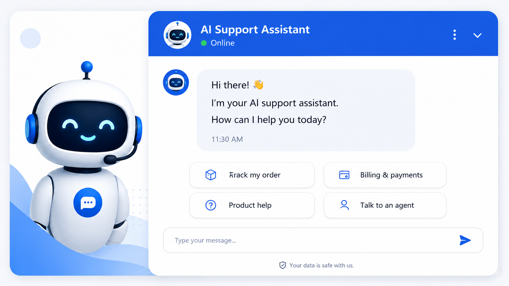 Generic made-up AI support chatbot interface with a friendly robot assistant.