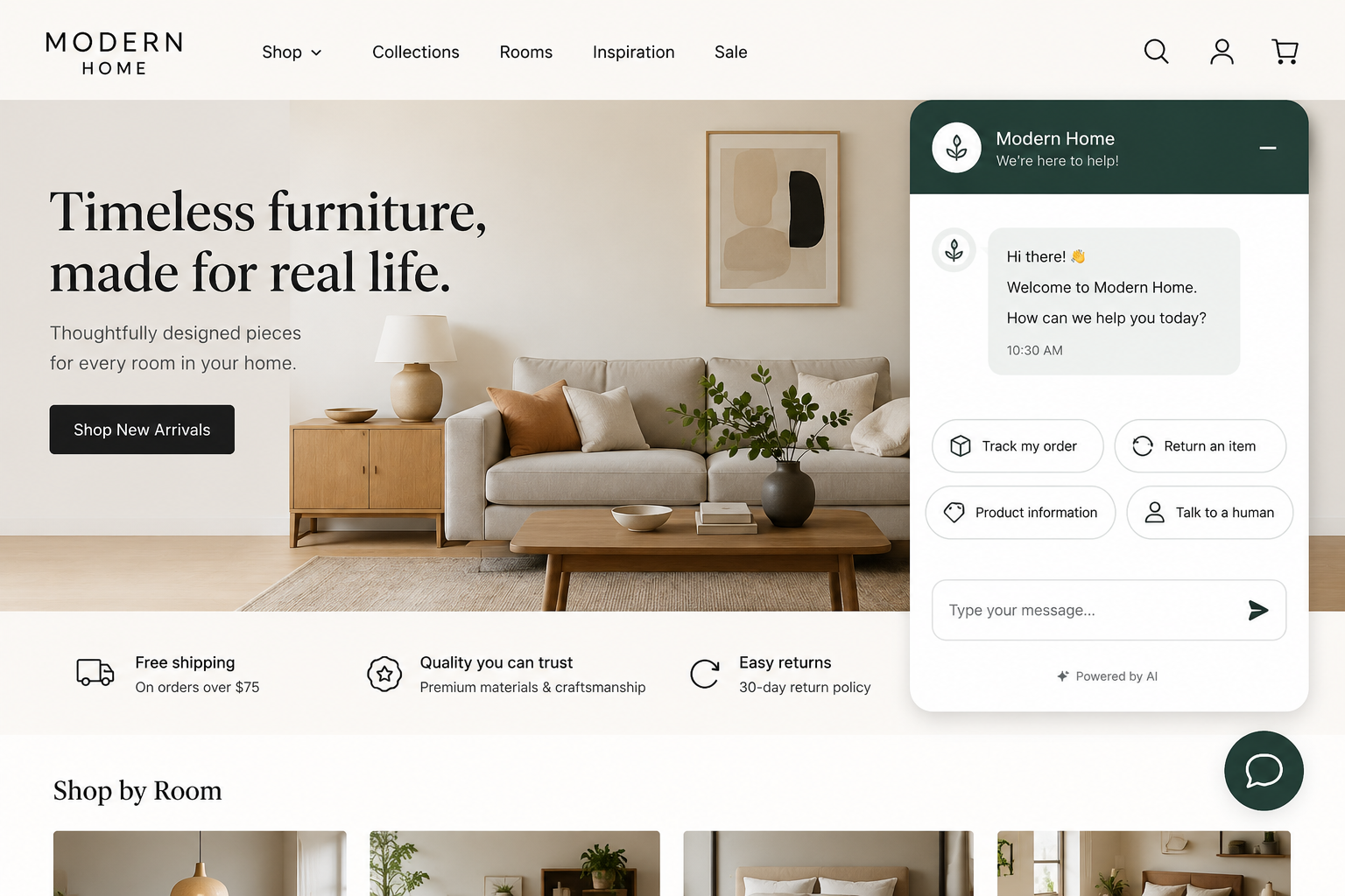Example AI-generated furniture website showing a customer support chat widget on the homepage.