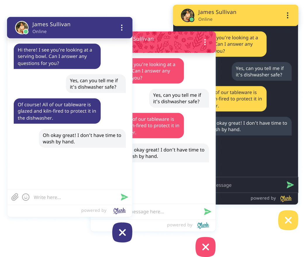 Olark live chat widgets shown in different colors and layouts.