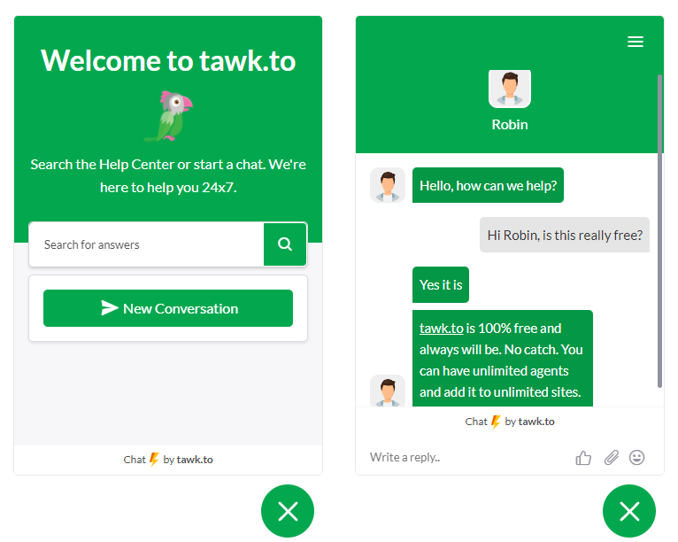 Tawk.to live chat widget showing a help center search box and a customer chat conversation.