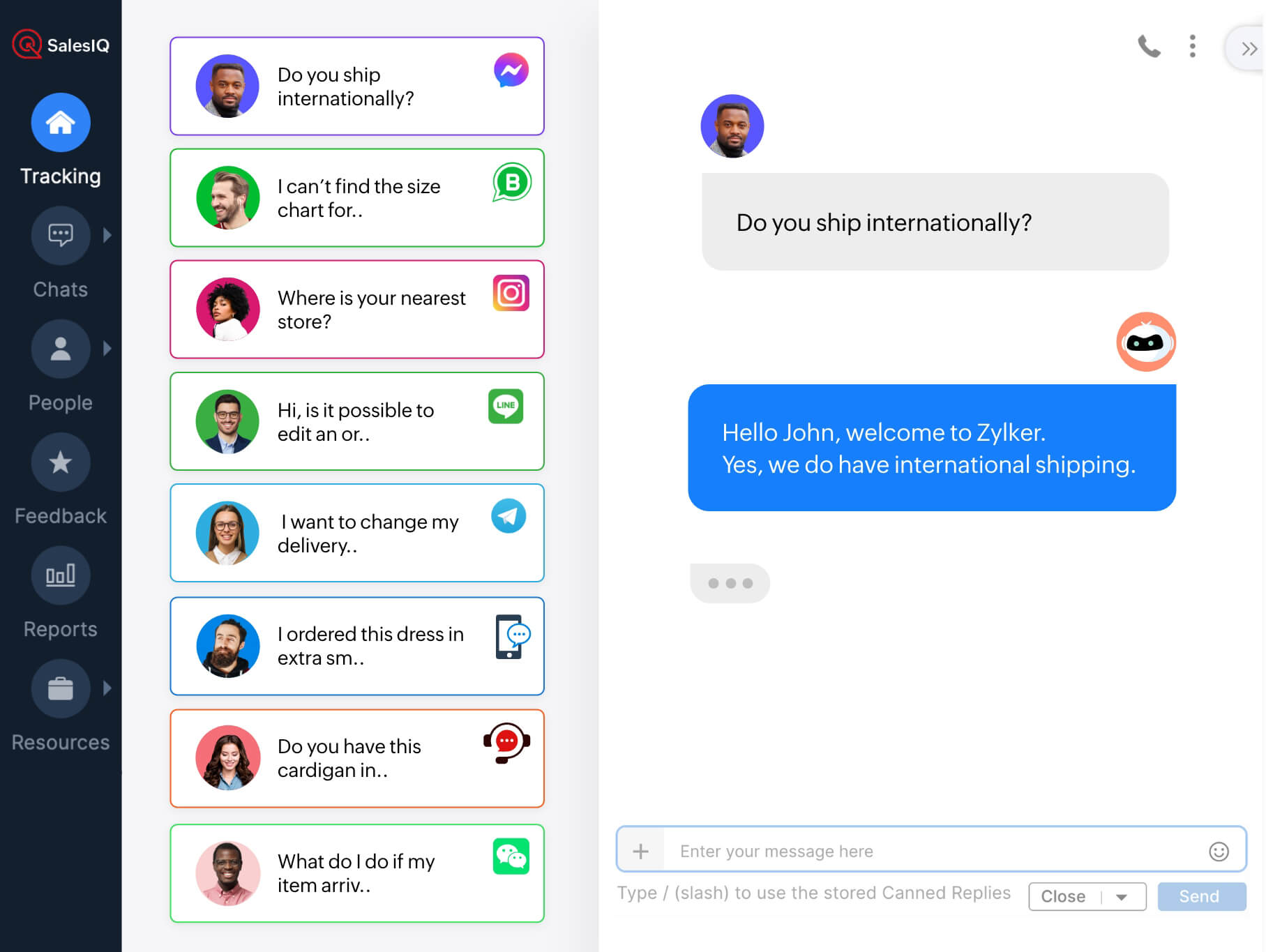 Zoho SalesIQ dashboard showing customer conversations from multiple messaging channels and a live chat window.