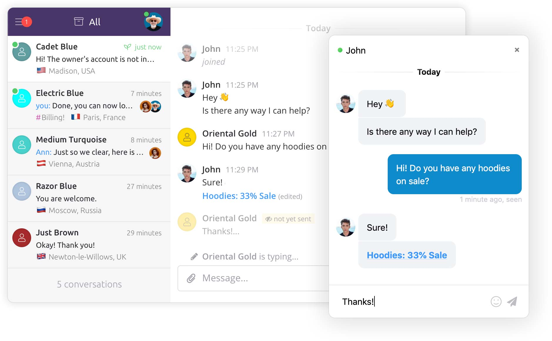 Chatra live chat dashboard showing active customer conversations and a website chat window.