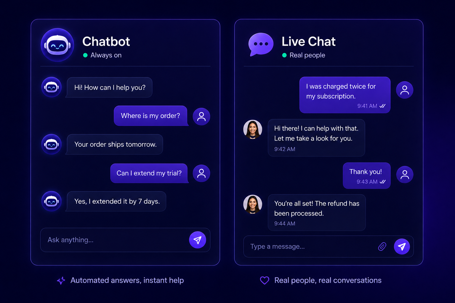 Side-by-side comparison of a chatbot and live chat interface.