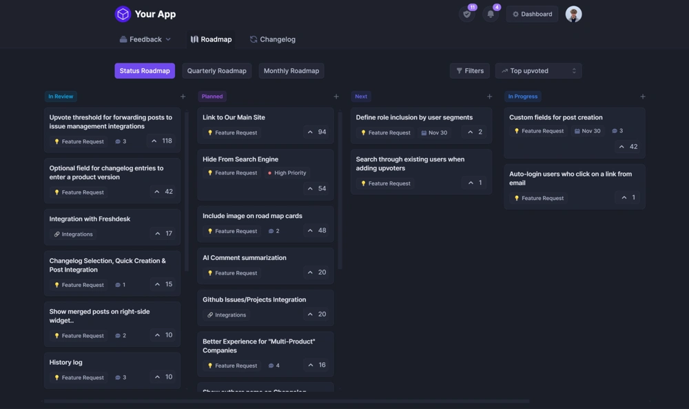 Dark-mode SaaS roadmap board with feature requests organized by status.