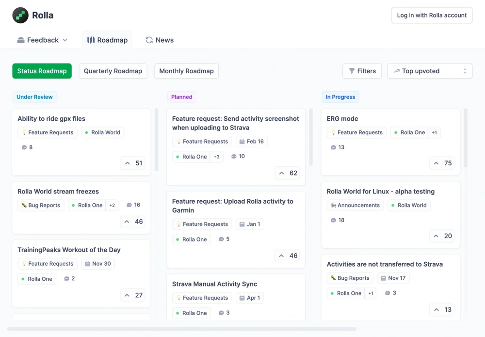 Rolla public roadmap board with feature requests organized by review, planned, and in progress columns.