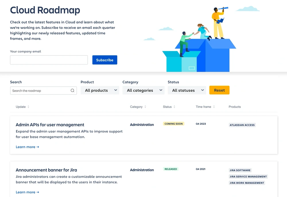 Atlassian Cloud roadmap page showing product updates, filters, statuses, and release time frames.