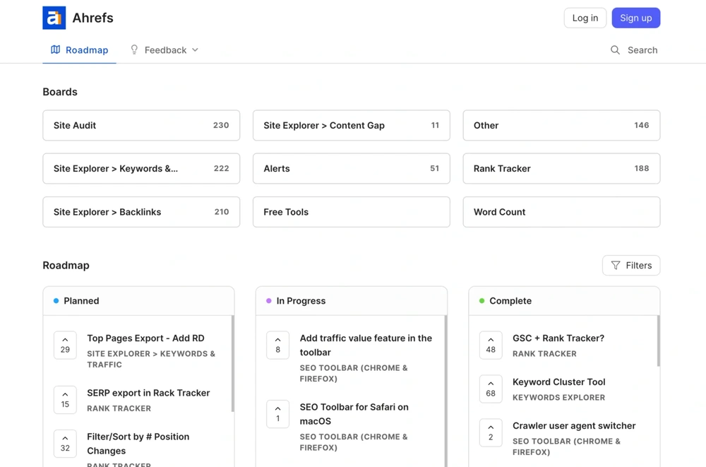 Ahrefs public roadmap board with planned, in progress, and completed product updates.