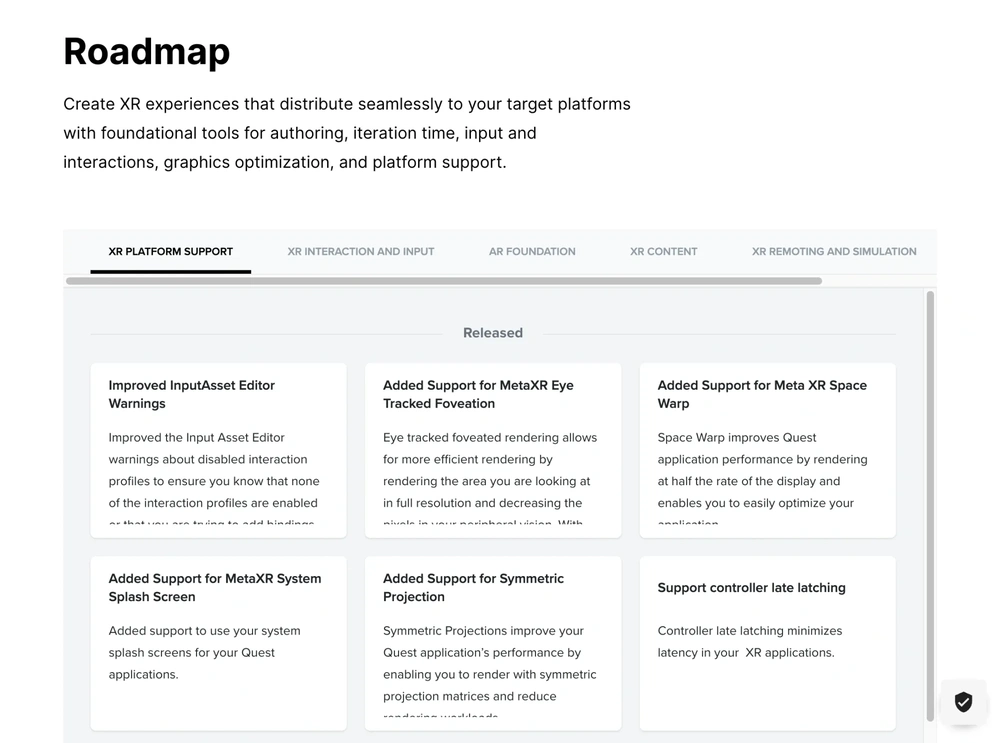 Unity roadmap page showing released XR platform updates in a card-based layout.