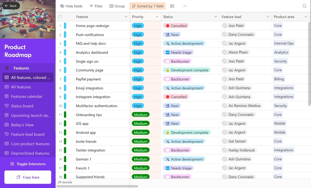 Airtable product roadmap base with features organized by priority, status, owner, and product area.