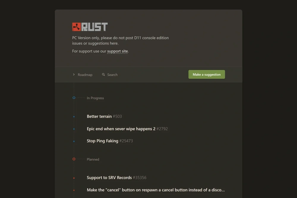 Rust roadmap page showing in-progress and planned feature requests in a dark timeline layout.