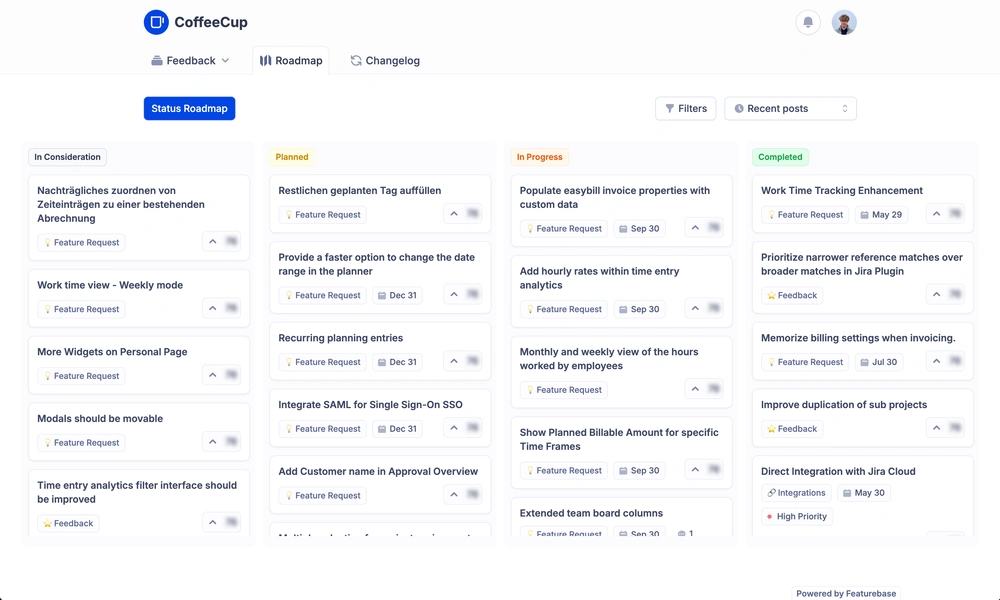 CoffeeCup roadmap board with feature requests grouped by status, from consideration to completed.