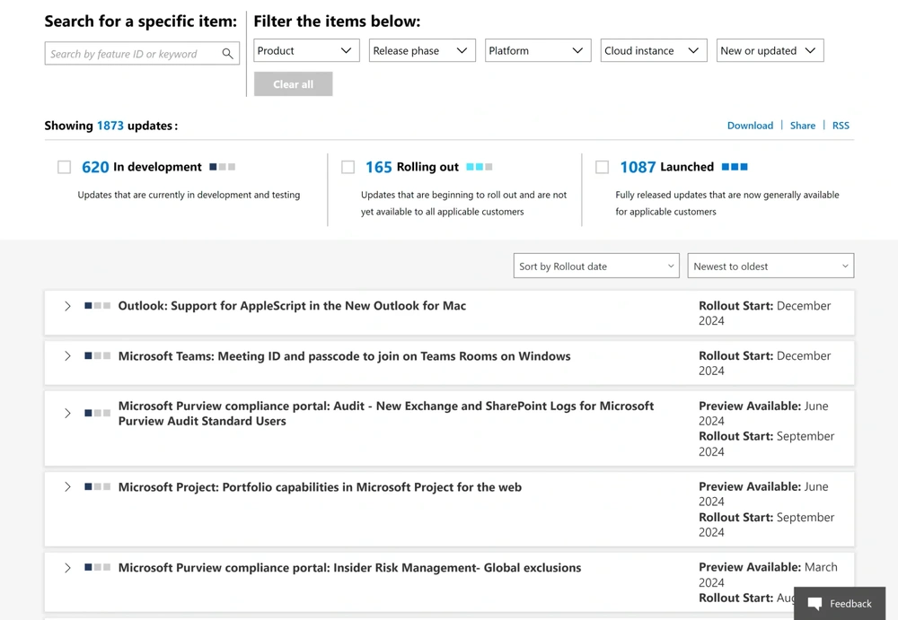 Microsoft 365 roadmap page showing product updates, filters, rollout phases, and launch status.
