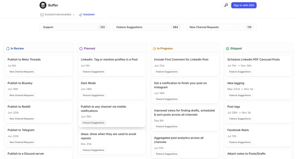 Buffer roadmap board with feature requests organized by review, planned, in progress, and shipped.