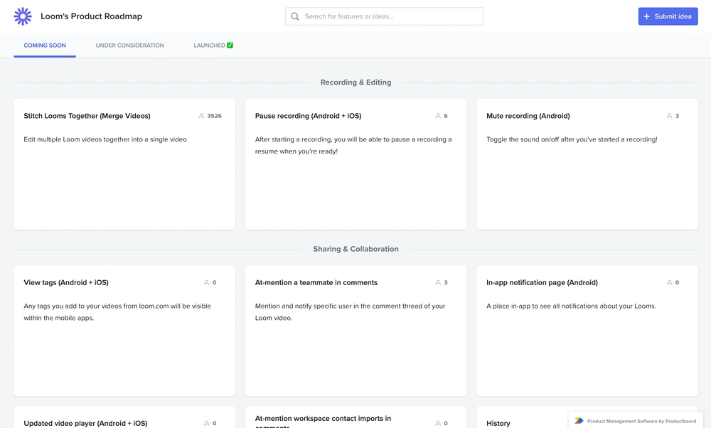 Loom product roadmap showing upcoming and launched features in a clean card-based layout.