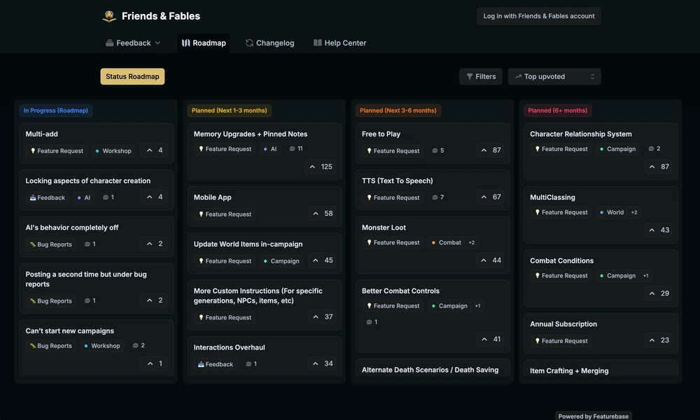 Friends & Fables public roadmap board with feature requests grouped by development stage.