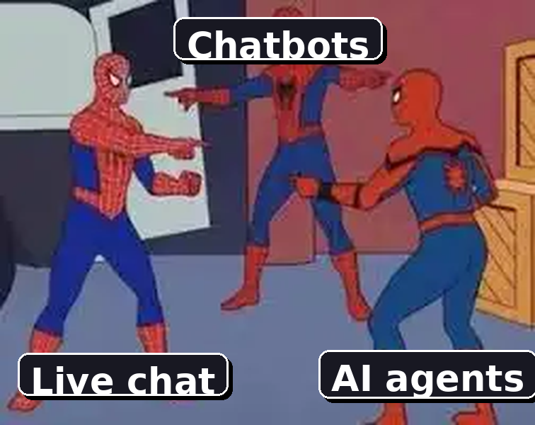 Three labeled Spider-Man characters point at each other to compare live chat, chatbots, and AI agents.