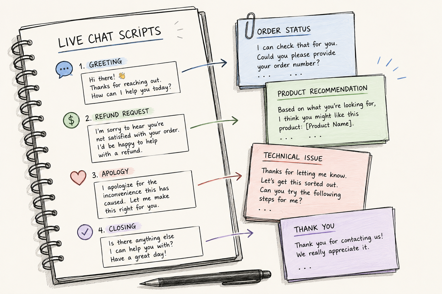Hand-drawn notebook and sticky notes showing reusable live chat scripts for greetings, refunds, apologies, closing messages, and support scenarios.