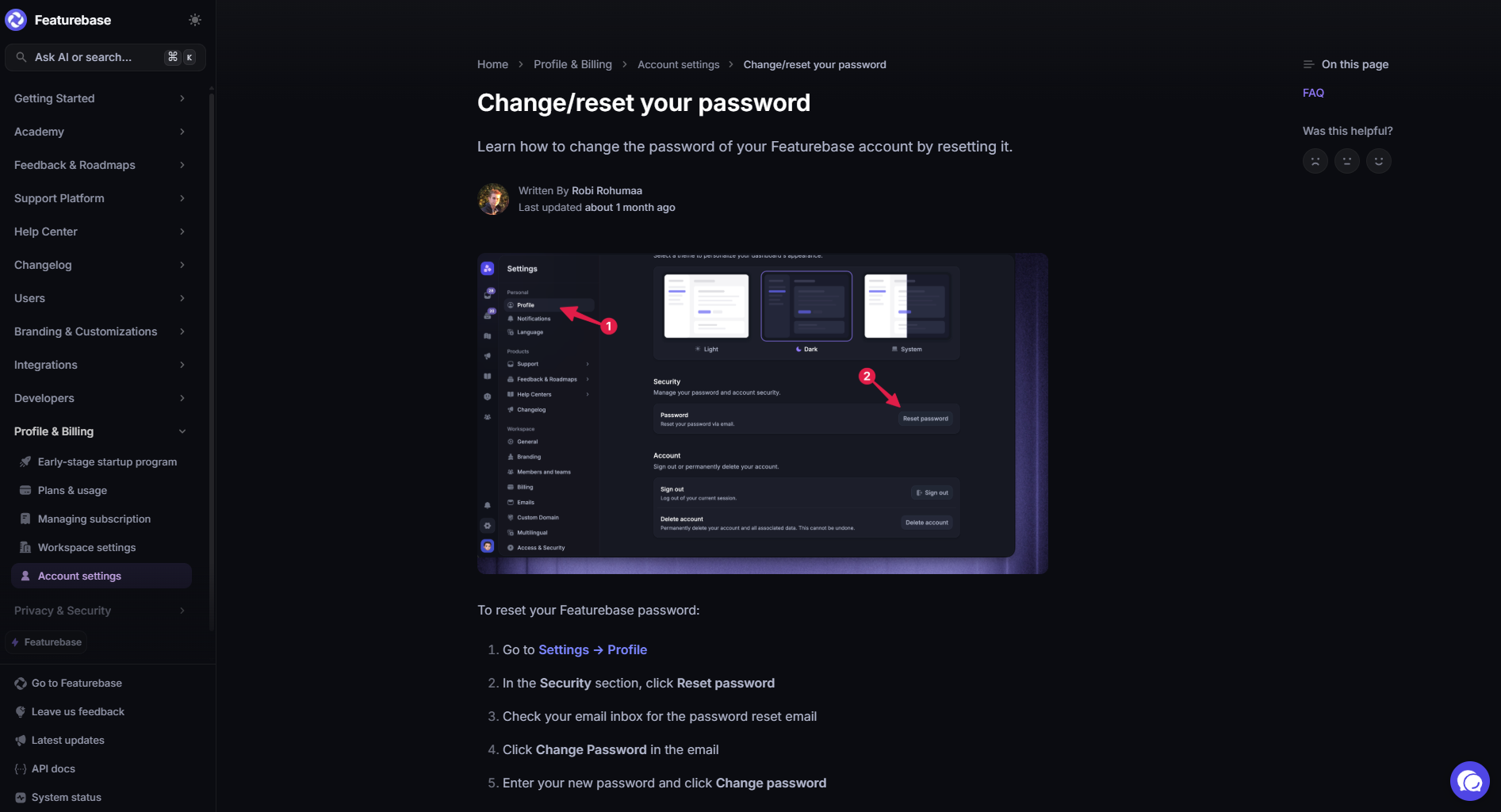 Screenshot of a Featurebase help center article titled “Change/reset your password,” showing step-by-step instructions and an embedded image of account settings where users can change their password.