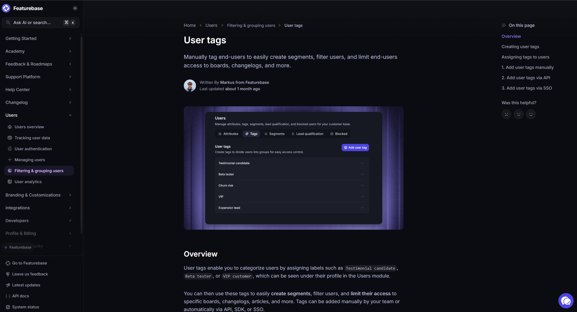 Screenshot of a Featurebase help center article titled “User tags,” showing instructions for manually tagging end users to create segments, filter users, and limit access to boards, changelogs, and more.