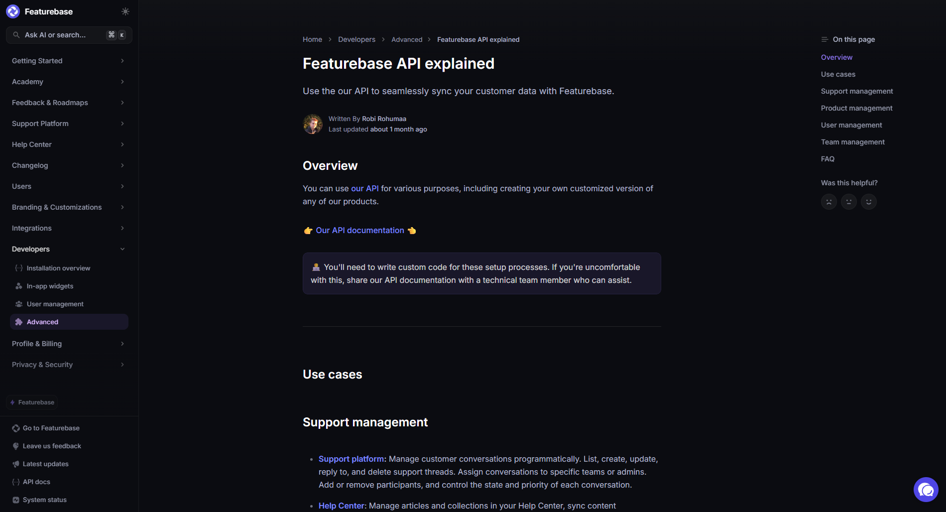 Screenshot of a Featurebase help center article titled “Featurebase API explained,” showing an overview of API use cases for syncing customer data and managing support, feedback, and help center content.